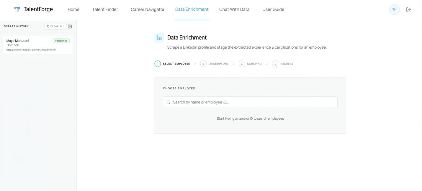 Data Enrichment page — history panel on the left, four-step wizard on the right