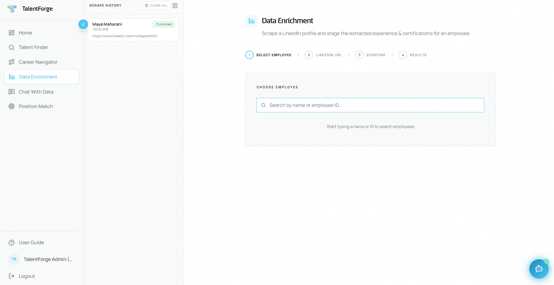Data Enrichment page — history panel on the left, four-step wizard on the right