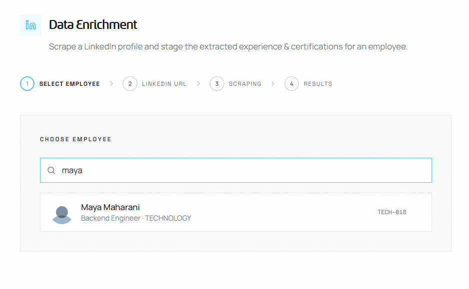 Step 1 — employee search list with avatars and job titles
