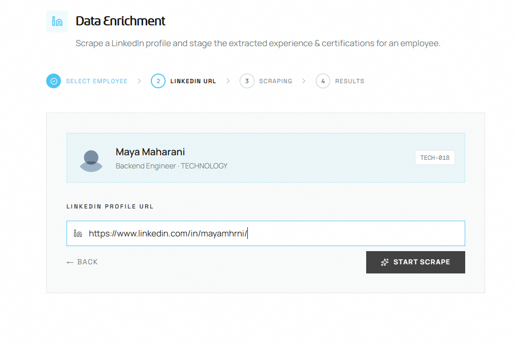 Step 2 — LinkedIn URL input with employee confirmation card