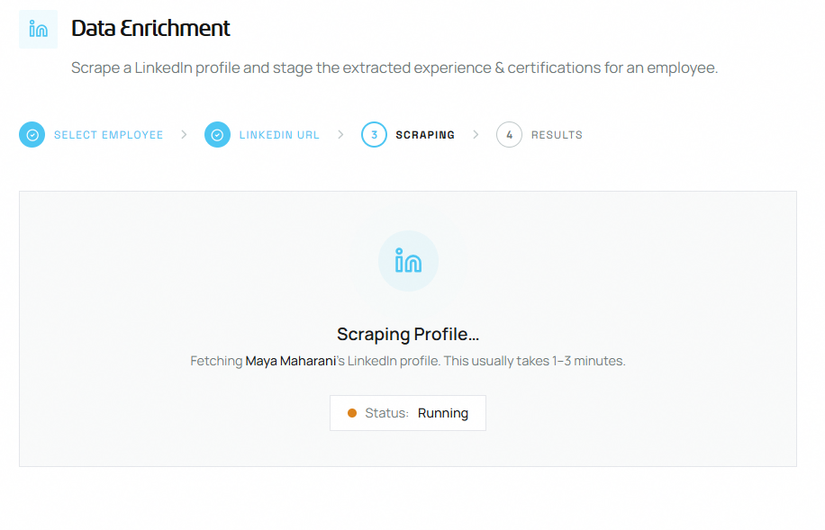 Step 3 — animated scraping indicator with live status badge